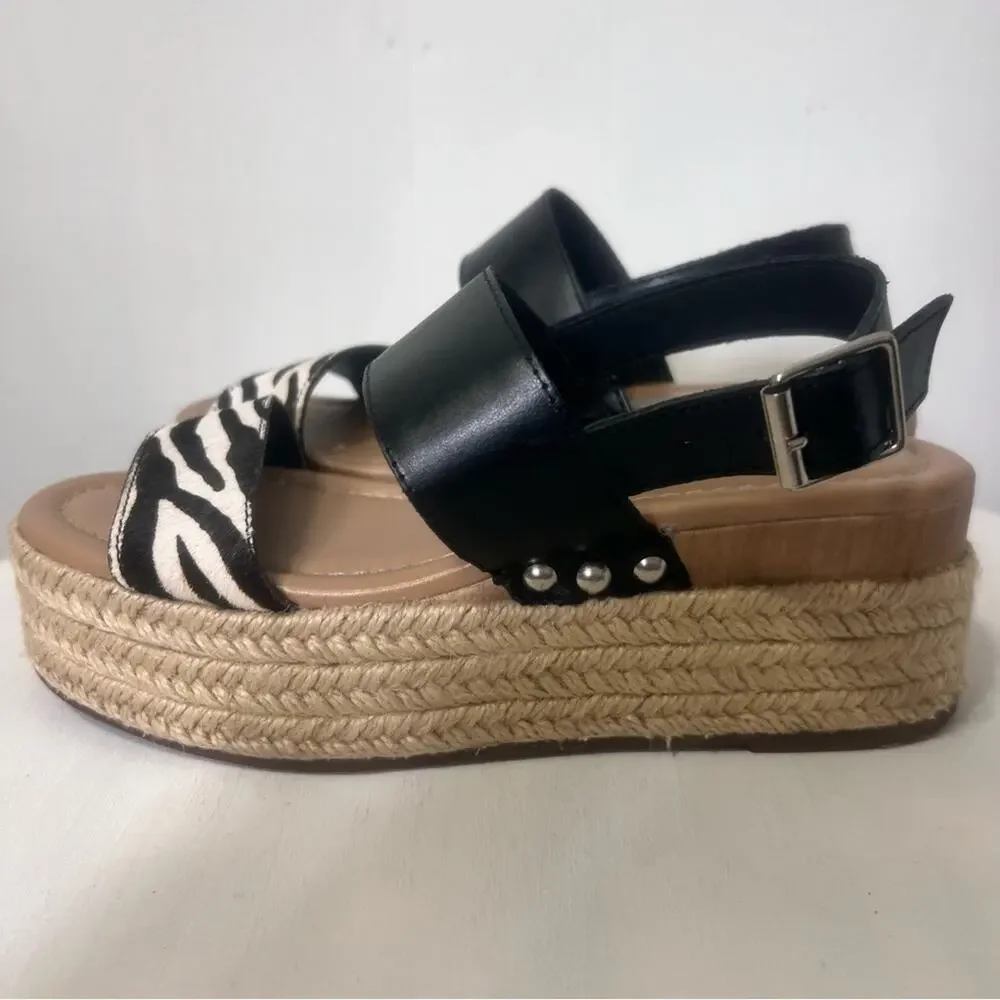 Steve Madden Fifer Platform Espadrille Zebra Leather Upper Sandals Size 6.5